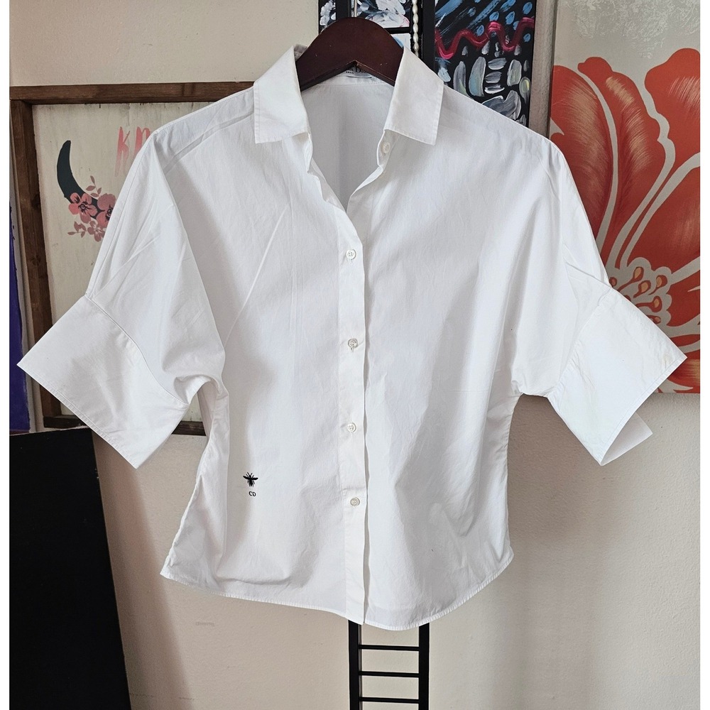 Christian Dior White Cotton Poplin Short Sleeve CD Bee Logo Button Shirt TP01 10